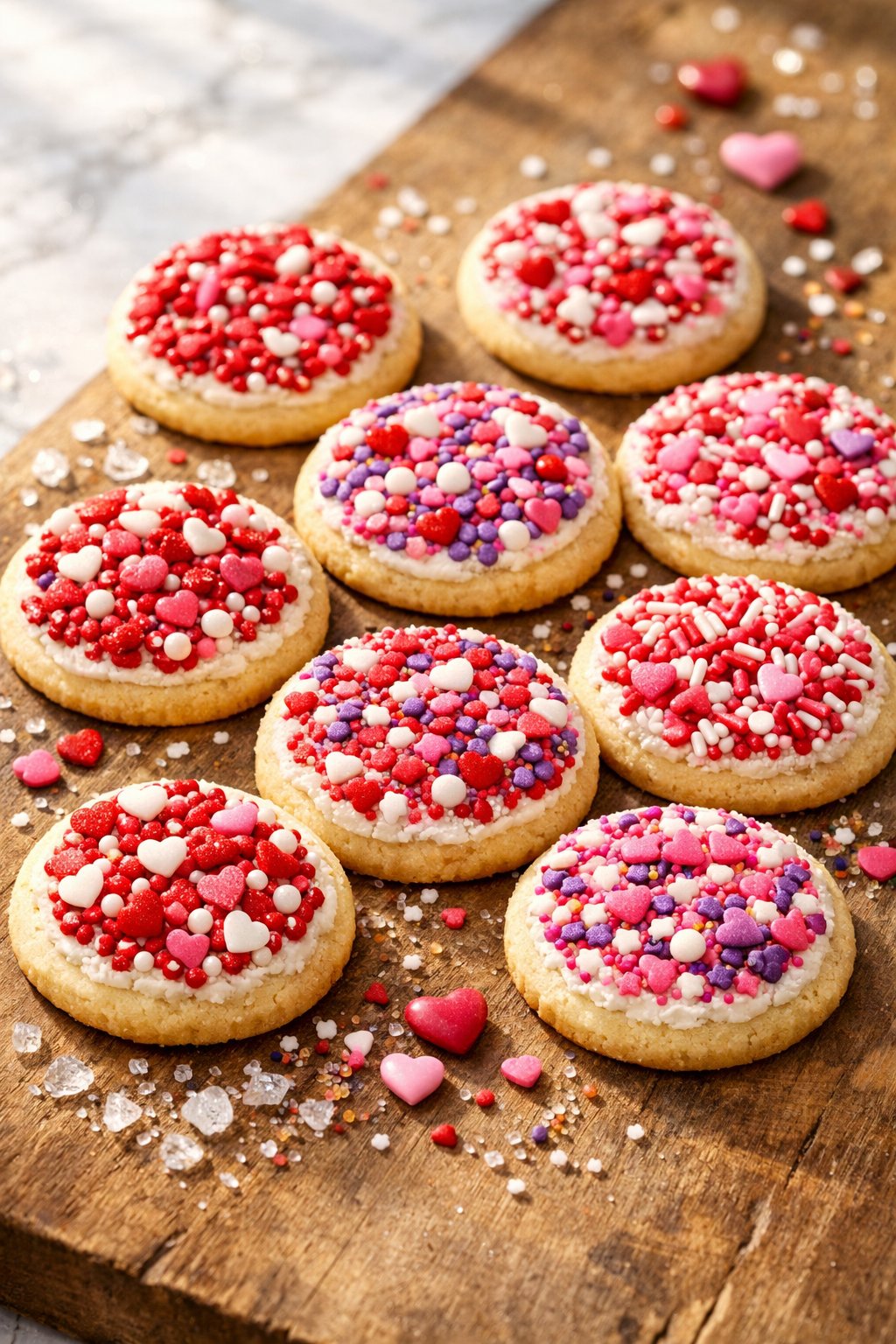 Nine sugar cookies topped with colorful sprinkles arranged on a rustic wood surface with a blurred background.
