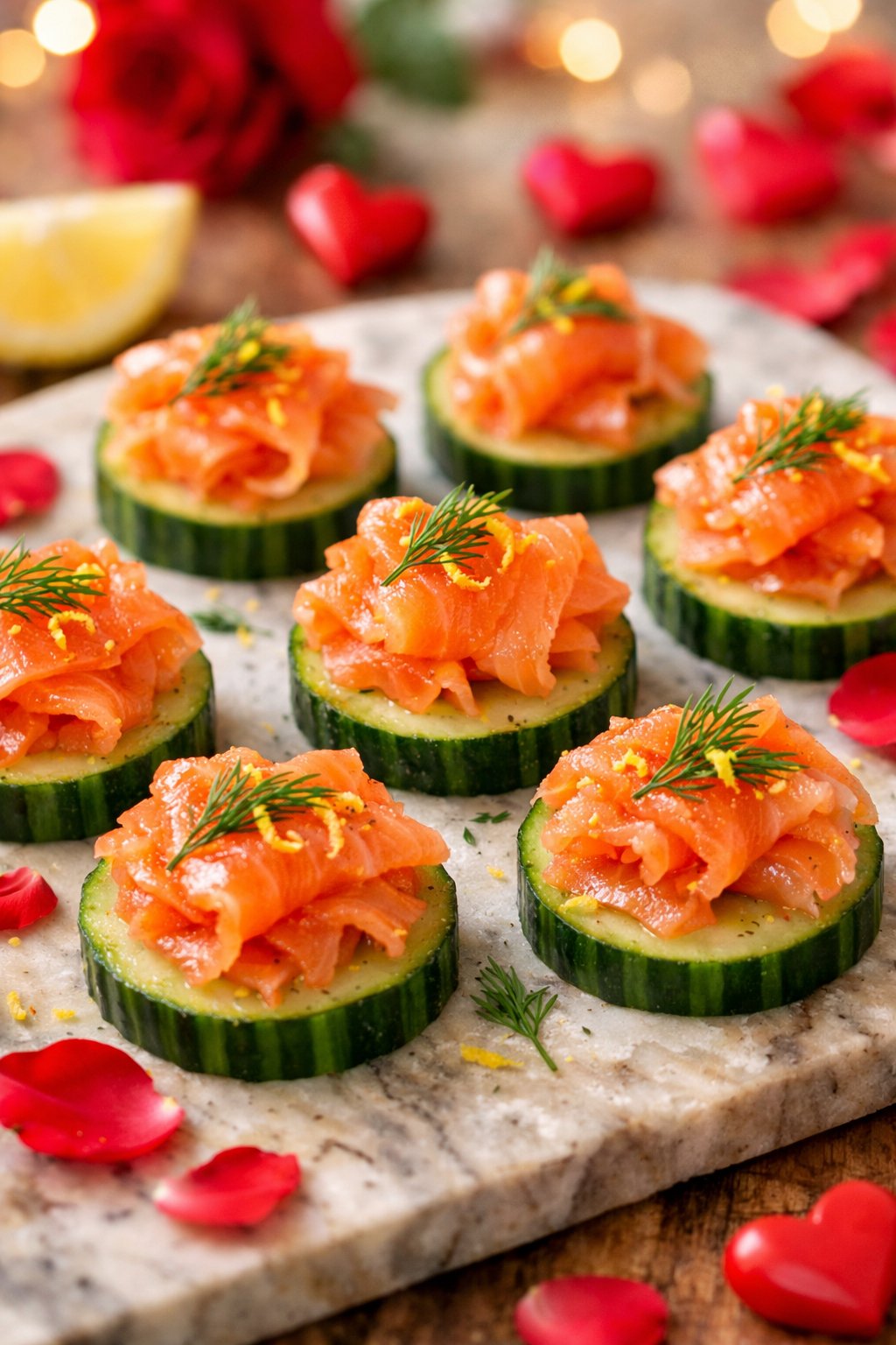 Close-up of smoked salmon cucumber bites arranged on a wooden or marble surface with fresh dill garnish.