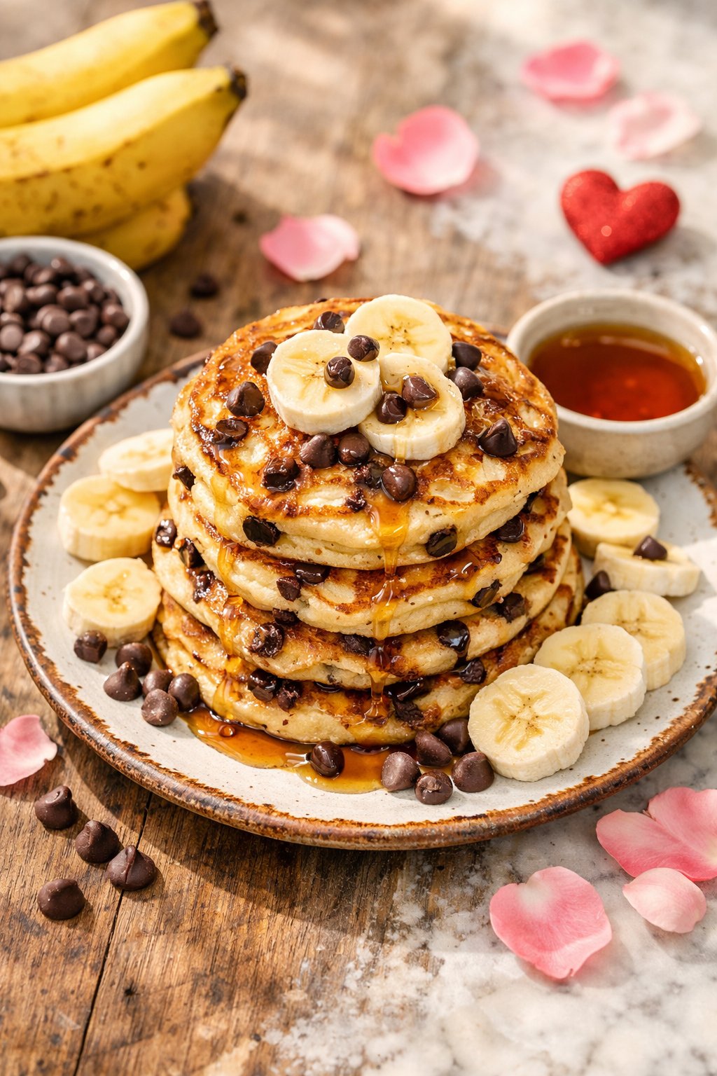 A stack of chocolate chip banana pancakes on a rustic wooden surface with fresh banana slices and chocolate chips, accompanied by a small bowl of syrup.