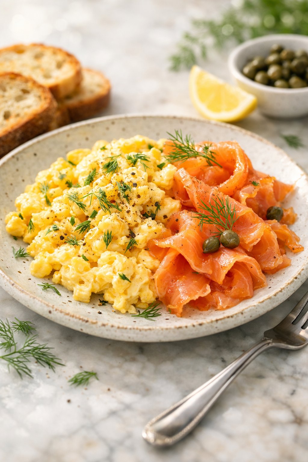 A plate of scrambled eggs with smoked salmon and dill on a wooden or marble surface.