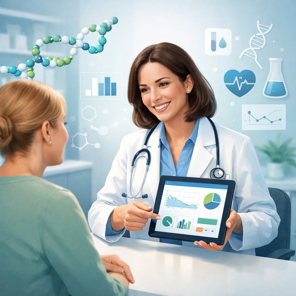 A healthcare provider consulting with a patient in a modern clinic, surrounded by medical icons and digital health data visuals.