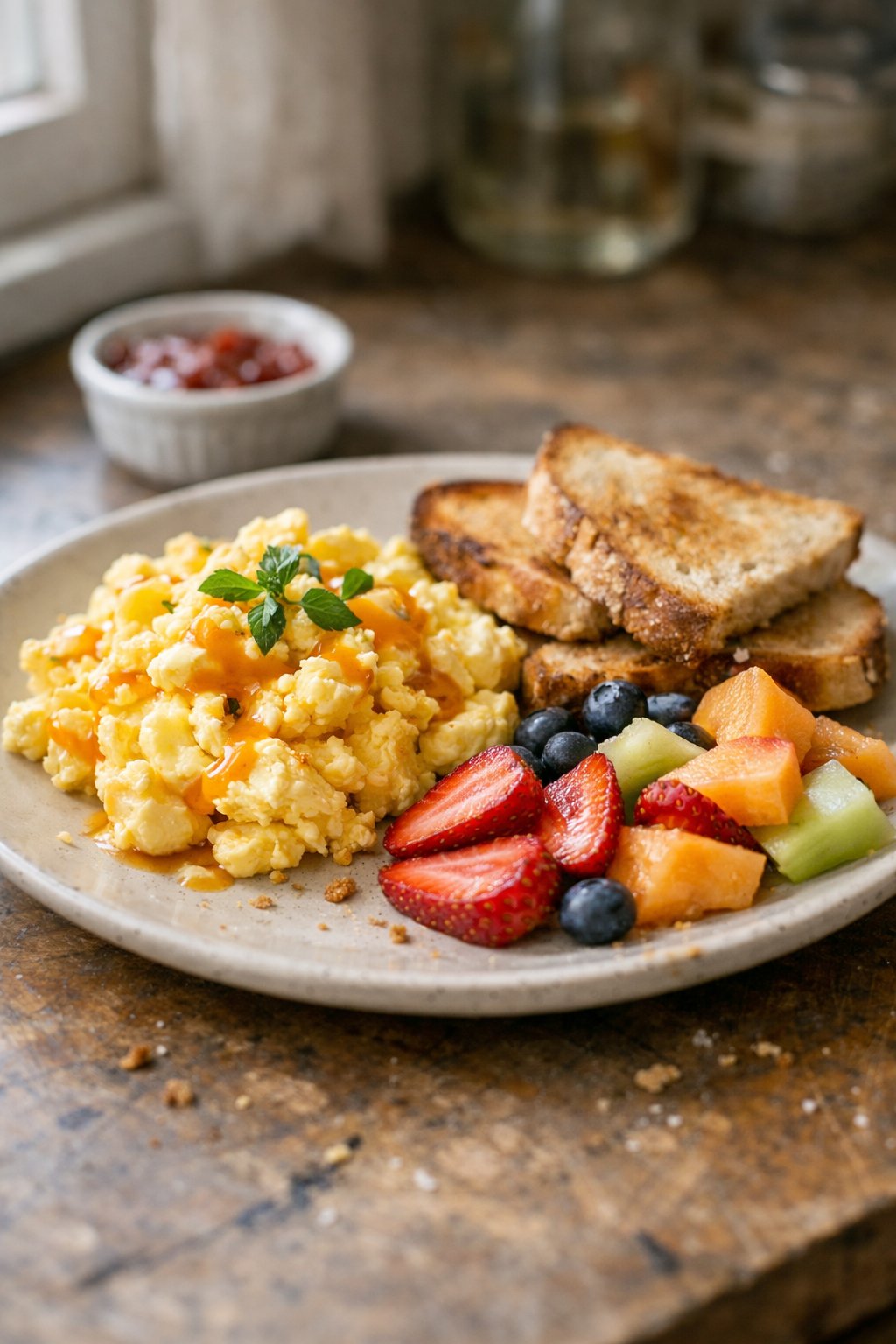 A home kitchen scene showing a casually plated breakfast with scrambled eggs, toast, fresh fruit, and herbs on a worn wooden surface, lit by natural window light from the side.