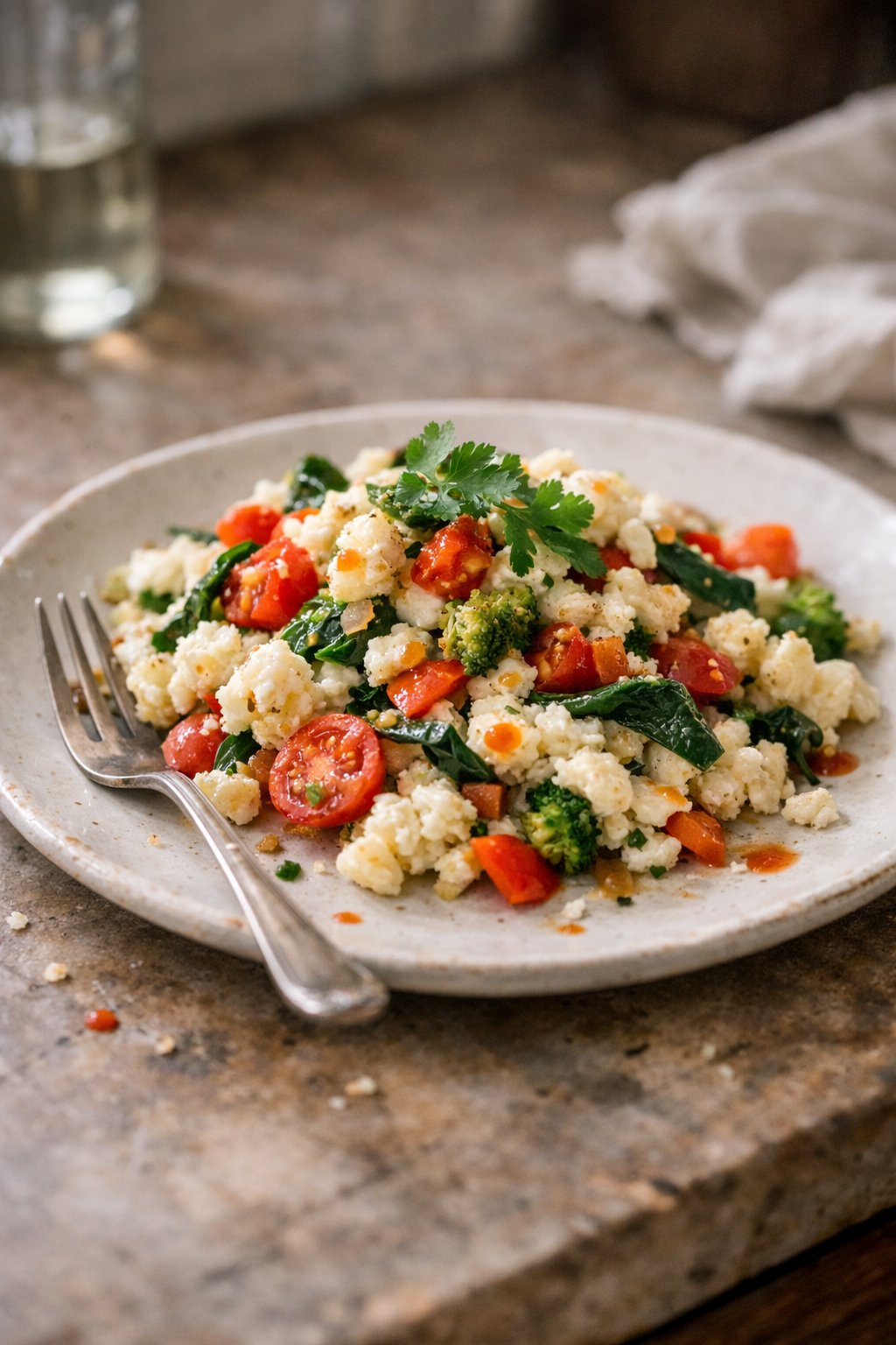 A plate of egg white veggie scramble on a worn wooden surface in a home kitchen, with natural light and small food imperfections visible.