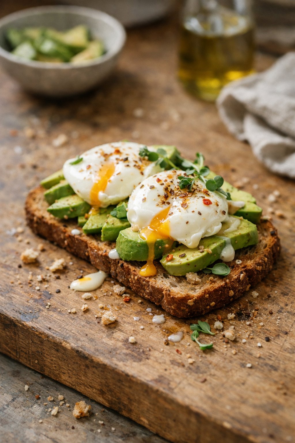 A plate of avocado and egg protein toast on a wooden surface in a home kitchen, softly lit by window light from the side.