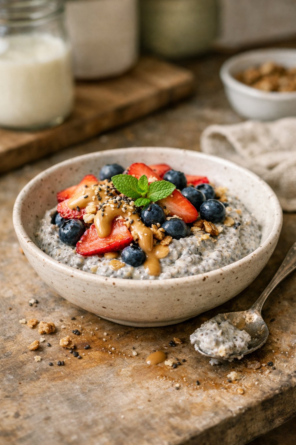 A bowl of chia protein pudding on a wooden surface in a home kitchen, with natural light coming from the side and small food imperfections visible.