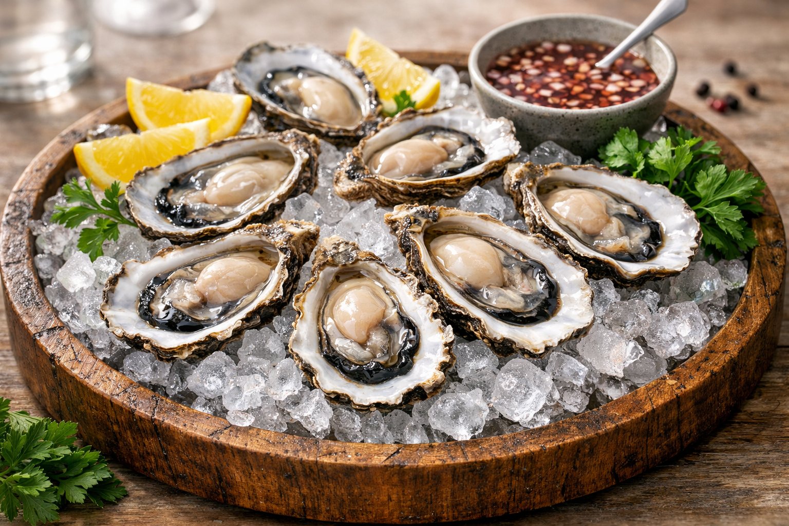 A platter of fresh open oysters on crushed ice with lemon wedges and parsley.