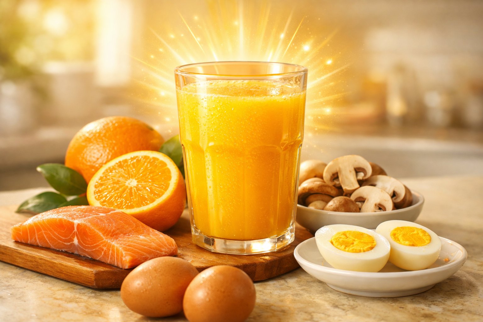 A glass of orange juice surrounded by fresh oranges and vitamin D rich foods like salmon, eggs, and mushrooms on a kitchen counter.