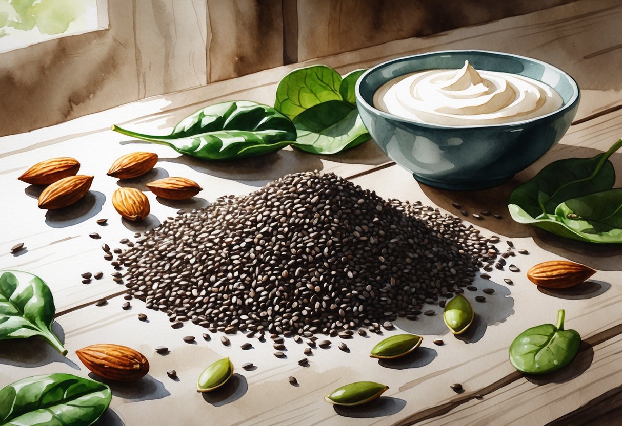 Close-up of chia seeds with almonds, spinach, pumpkin seeds, and yogurt arranged on a wooden table.