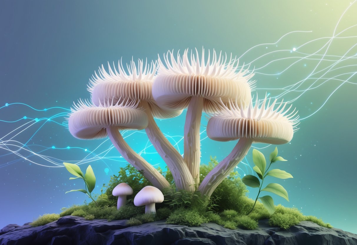 Illustration of Lion’s mane mushrooms with glowing neural patterns and natural elements symbolizing nerve support and mental clarity.