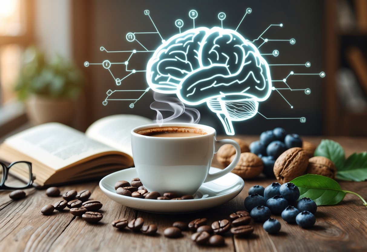 A cup of coffee on a table with an open book and glasses, surrounded by coffee beans, walnuts, blueberries, and herbs, with a glowing brain illustration in the background.