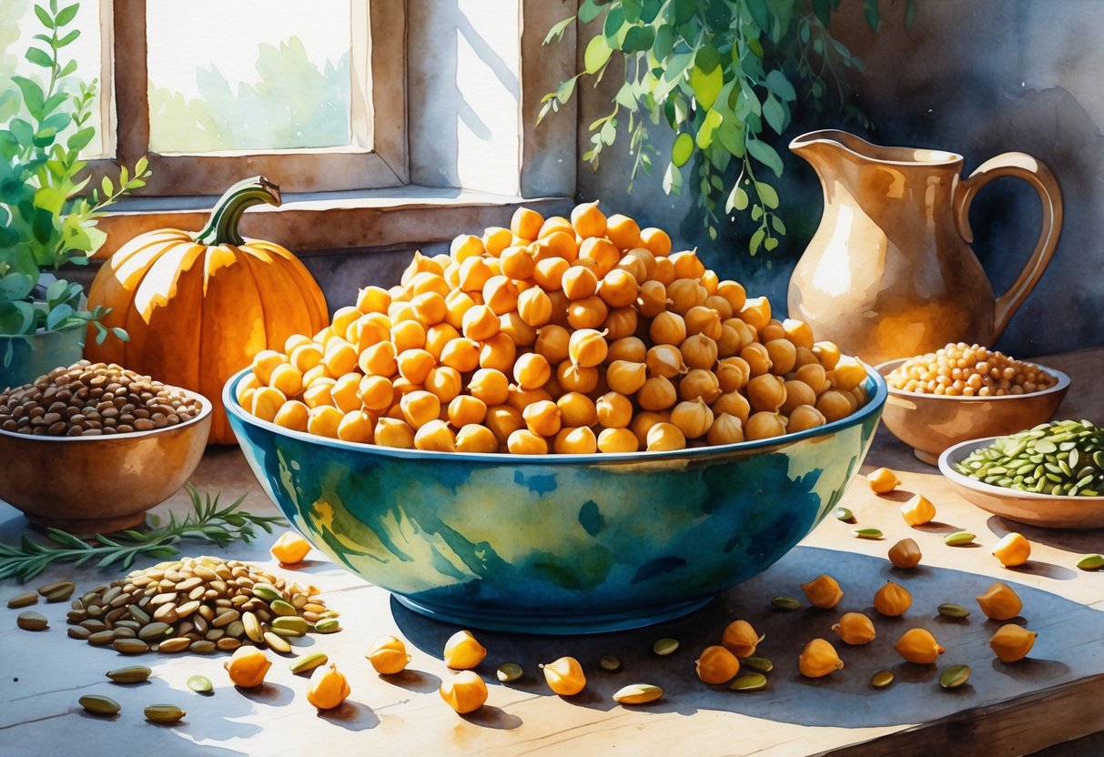 A bowl of chickpeas on a wooden table surrounded by pumpkin seeds, lentils, almonds, and fresh herbs.