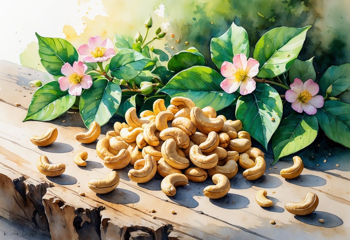 Close-up of cashew nuts with green leaves and flowers on a wooden surface.