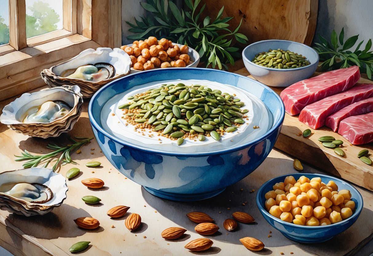 A bowl of yogurt surrounded by zinc-rich foods like oysters, almonds, beef slices, and chickpeas on a kitchen table.