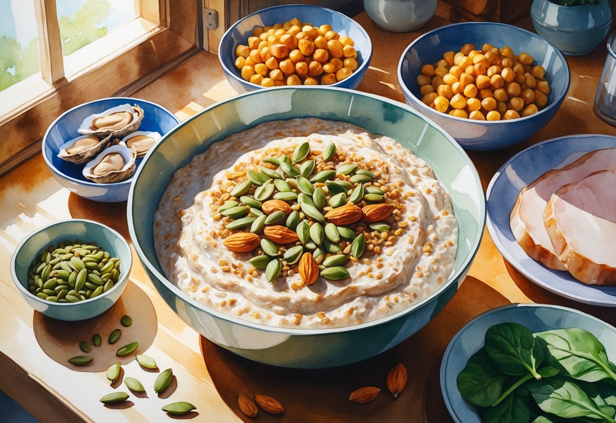 A bowl of oatmeal topped with seeds and nuts on a wooden table surrounded by dishes of oysters, chickpeas, spinach, and turkey slices.