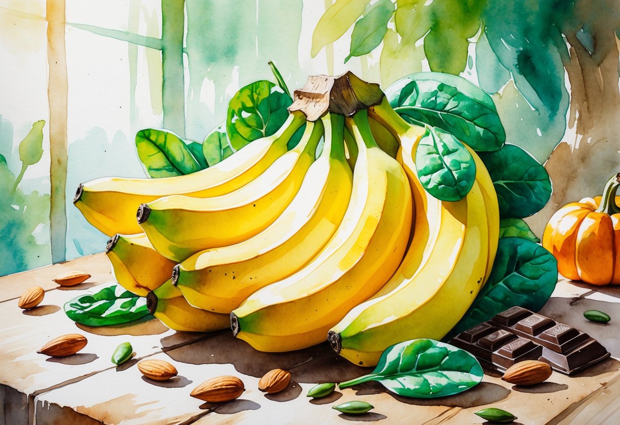 A bunch of ripe bananas surrounded by almonds, spinach leaves, pumpkin seeds, and dark chocolate pieces on a wooden table.