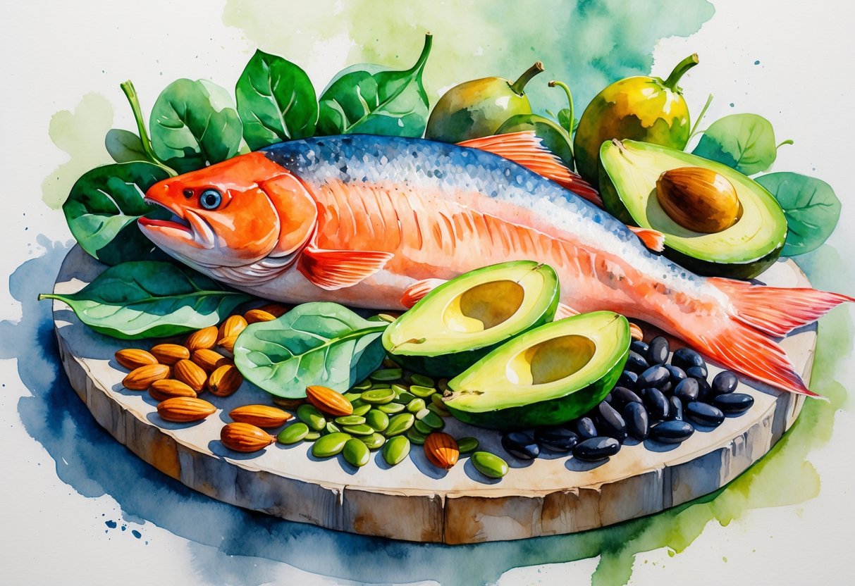 A fresh whole salmon fish surrounded by almonds, spinach, pumpkin seeds, black beans, and avocado slices arranged on a wooden surface.