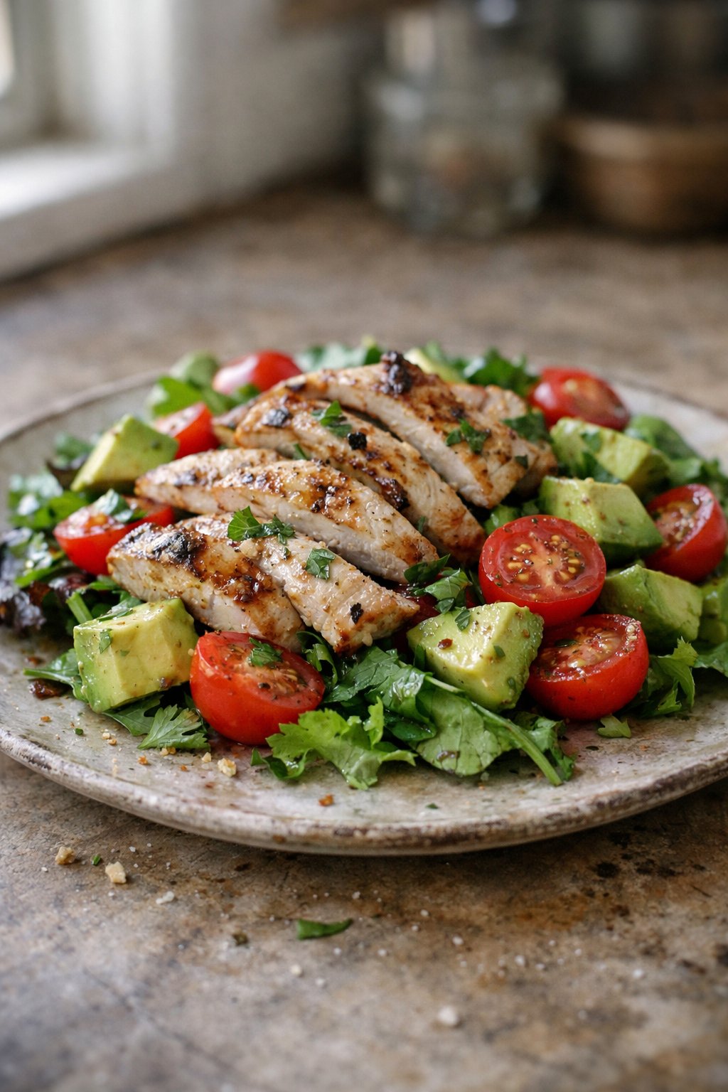 A grilled chicken salad with avocado and cherry tomatoes on a wooden surface in a home kitchen, lit by natural window light from the side.