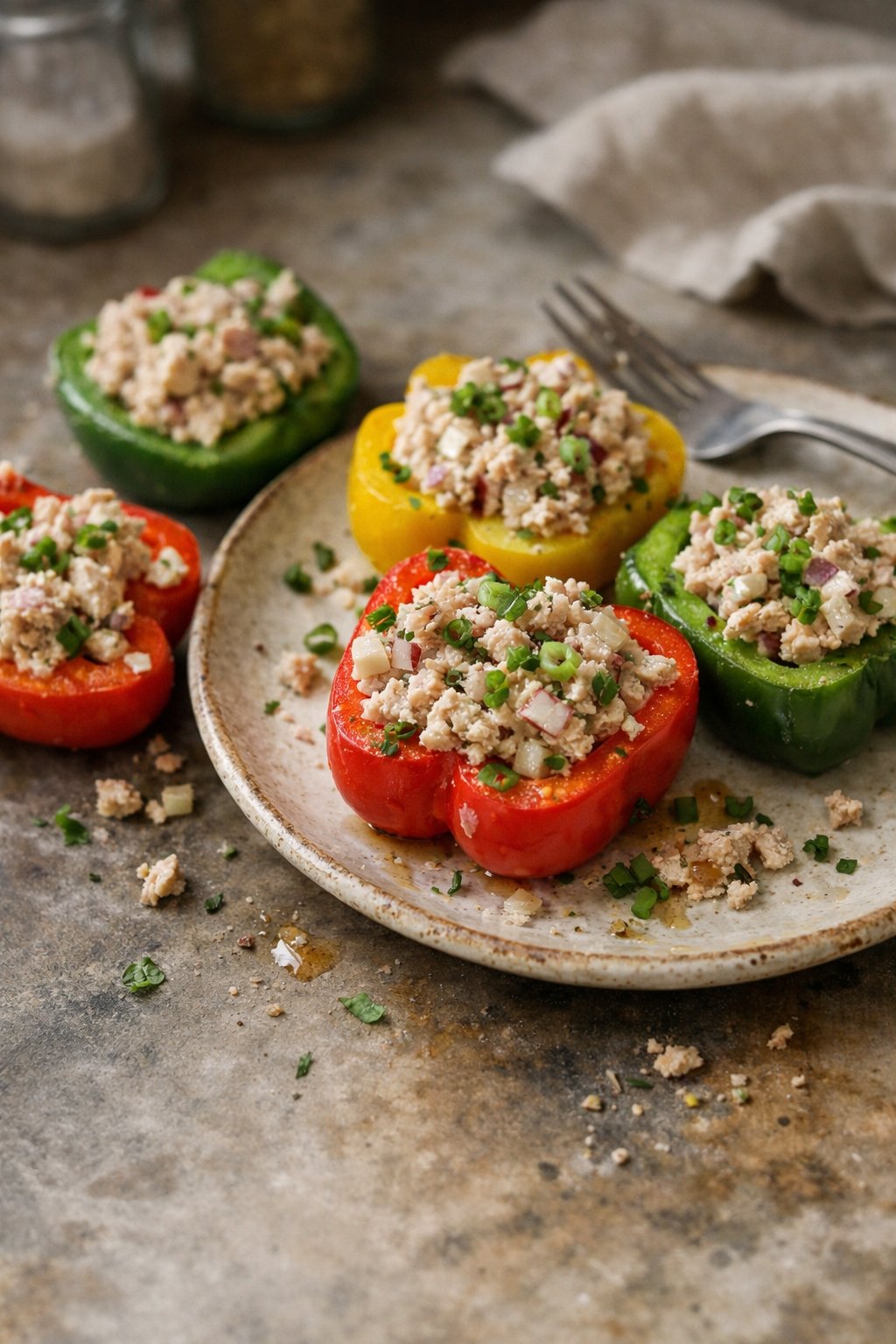 Tuna salad stuffed bell peppers on a worn wooden surface in a home kitchen, with natural light and casual plating.