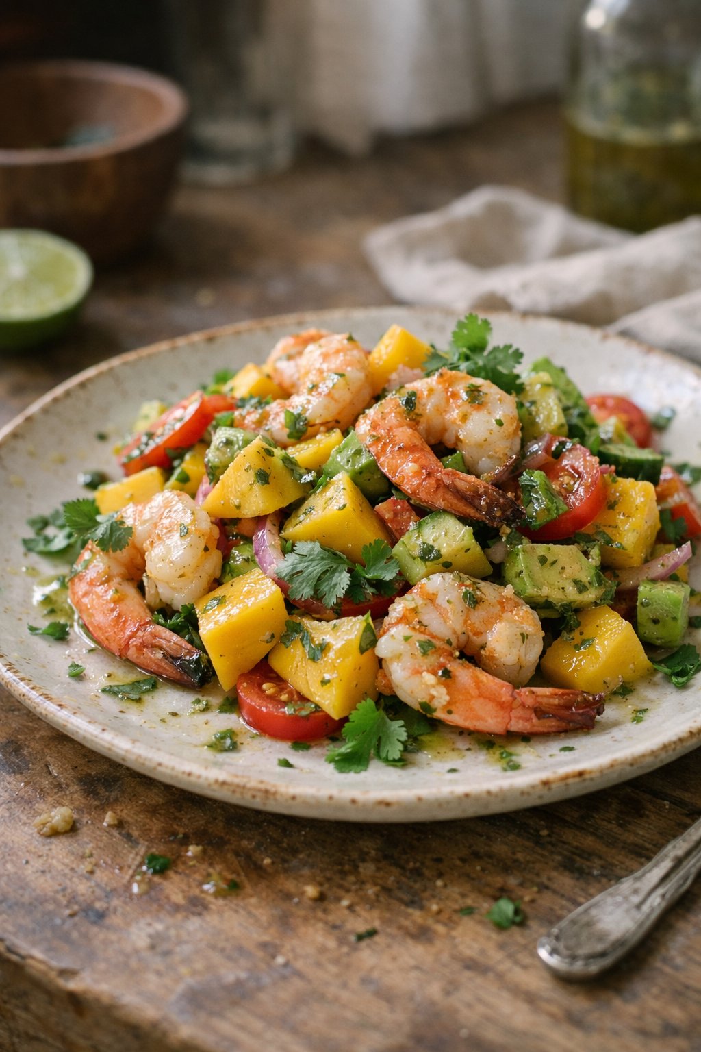A plate of shrimp and mango salad with cilantro lime dressing on a wooden surface in a home kitchen, softly lit by natural window light from the side.