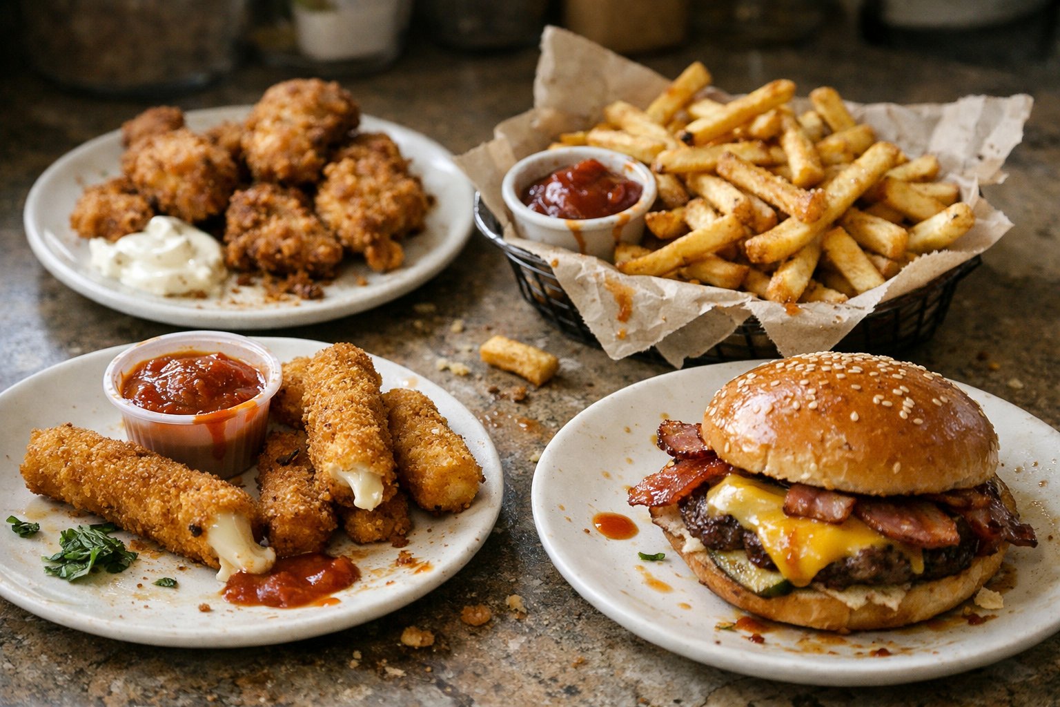 A casually plated assortment of fried foods on a worn wooden or stone surface in a home kitchen, lit by soft window light from the side.
