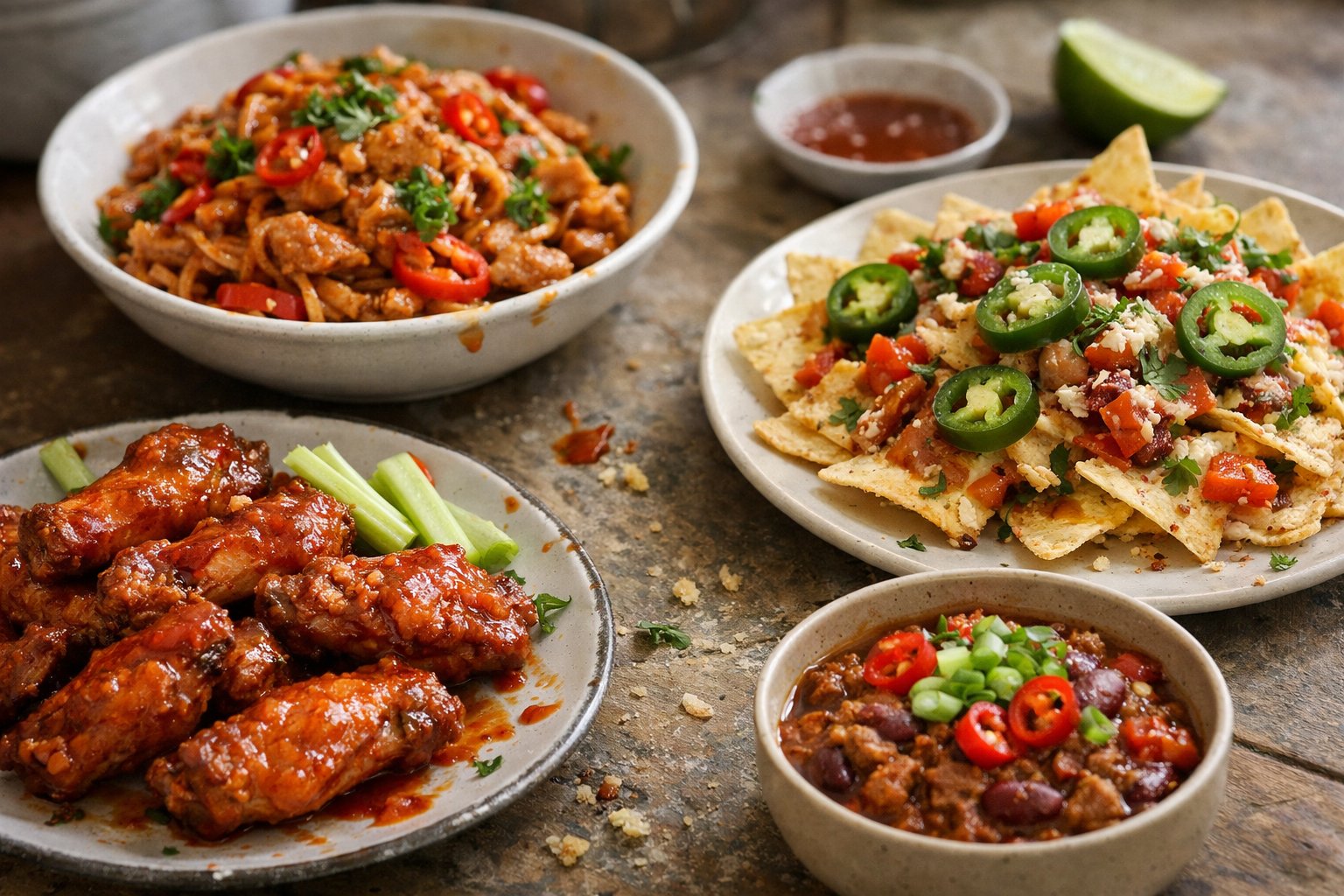 A casual home kitchen scene showing a plate of spicy foods on a worn wooden surface with small imperfections like uneven cuts and sauce drips, softly lit by window light from the side.
