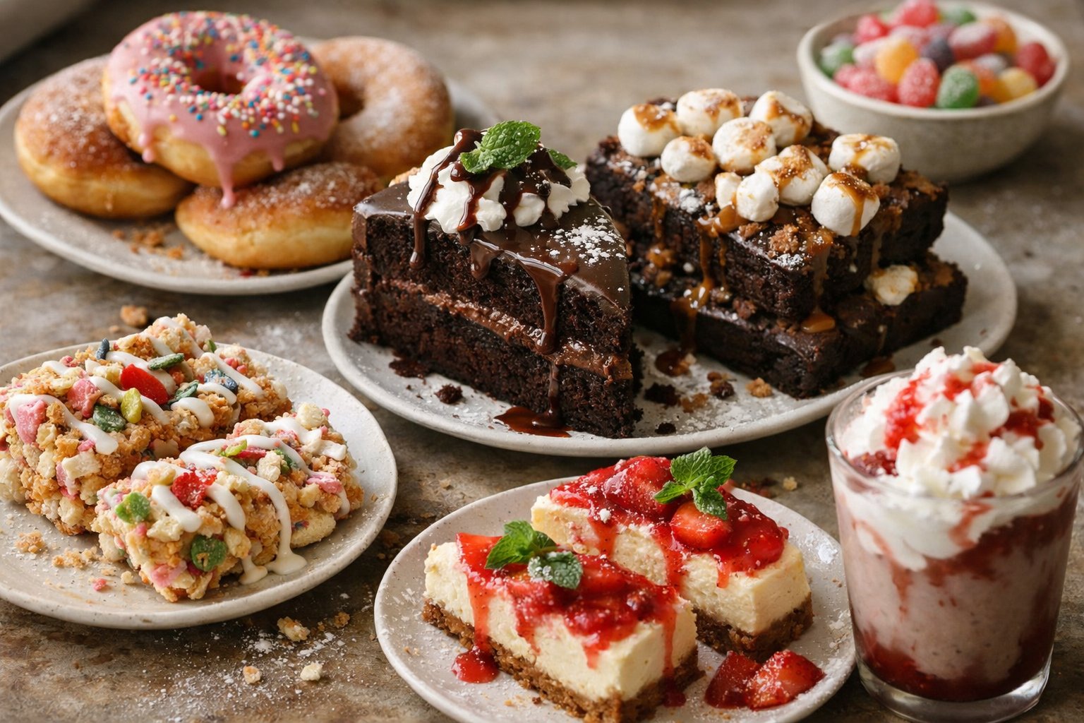 A casually plated assortment of sweet foods on a worn wooden surface in a home kitchen, lit by soft window light from the side.