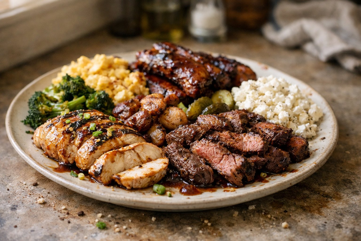A casually plated large protein meal on a worn wooden surface in a home kitchen, lit by natural window light from the side.
