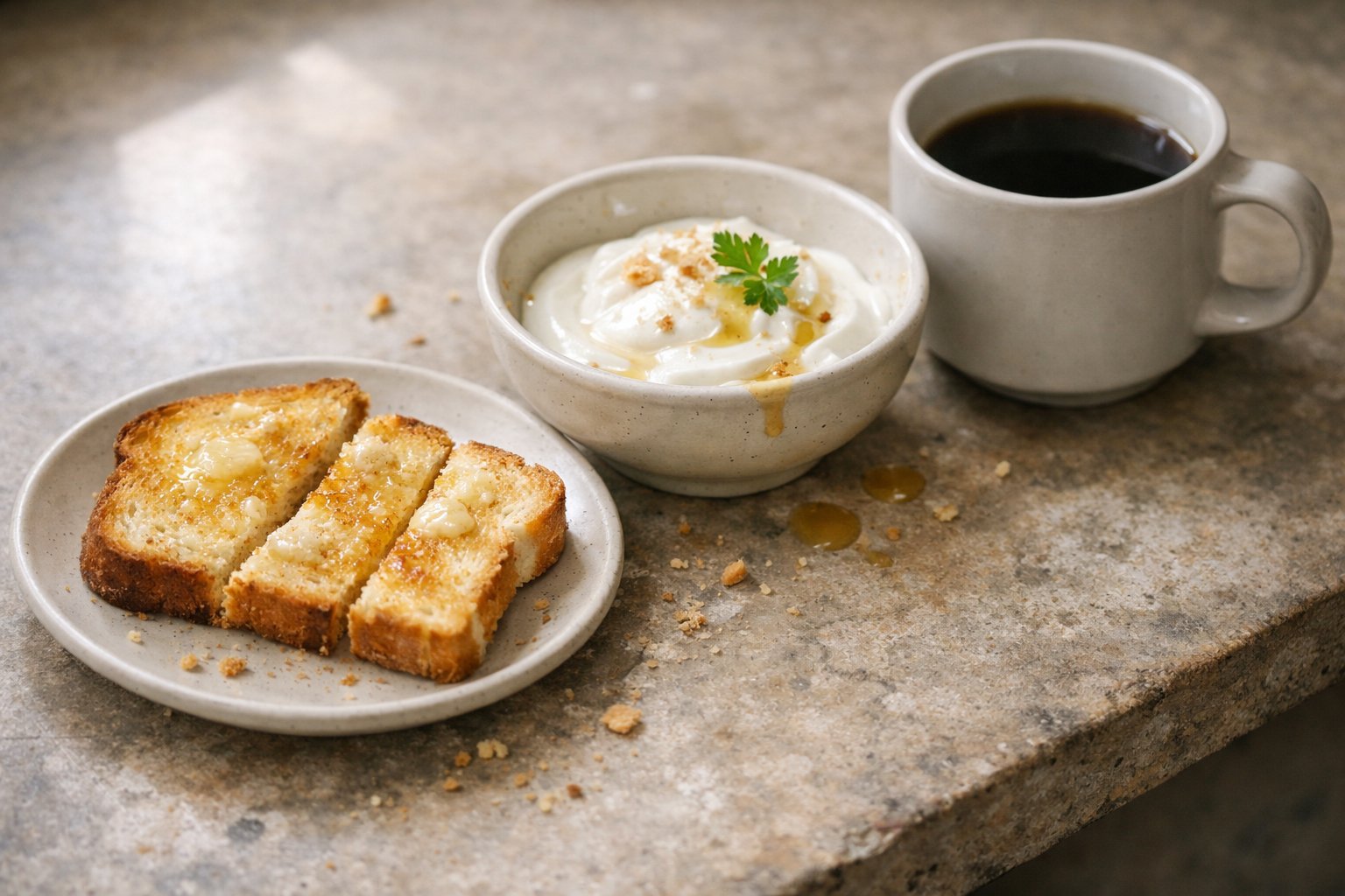 A casual home kitchen scene showing a plate with unevenly cut toast, a bowl of yogurt with crumbs and sauce drips, and a cup of black coffee on a worn wooden surface near a window.