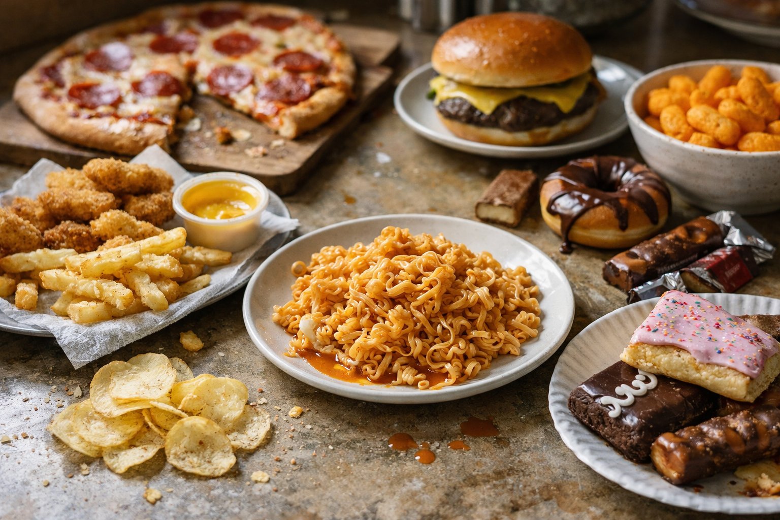 Casually plated food on a worn wooden or stone surface in a home kitchen, lit by natural window light from the side, showing small imperfections like crumbs and sauce drips.