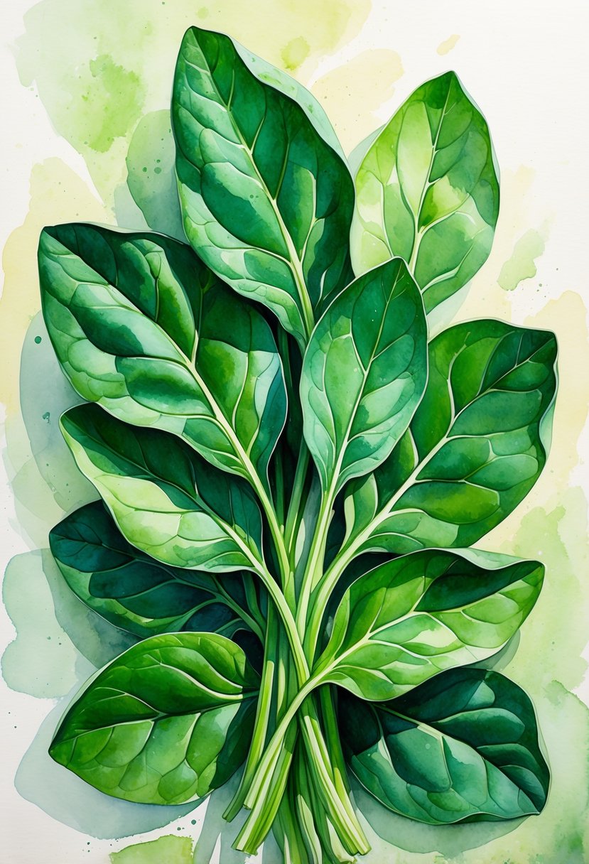 A cluster of fresh green spinach leaves arranged naturally on a light background.