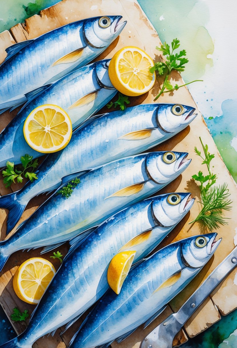 Close-up of fresh sardines arranged with lemon slices and herbs on a wooden surface.