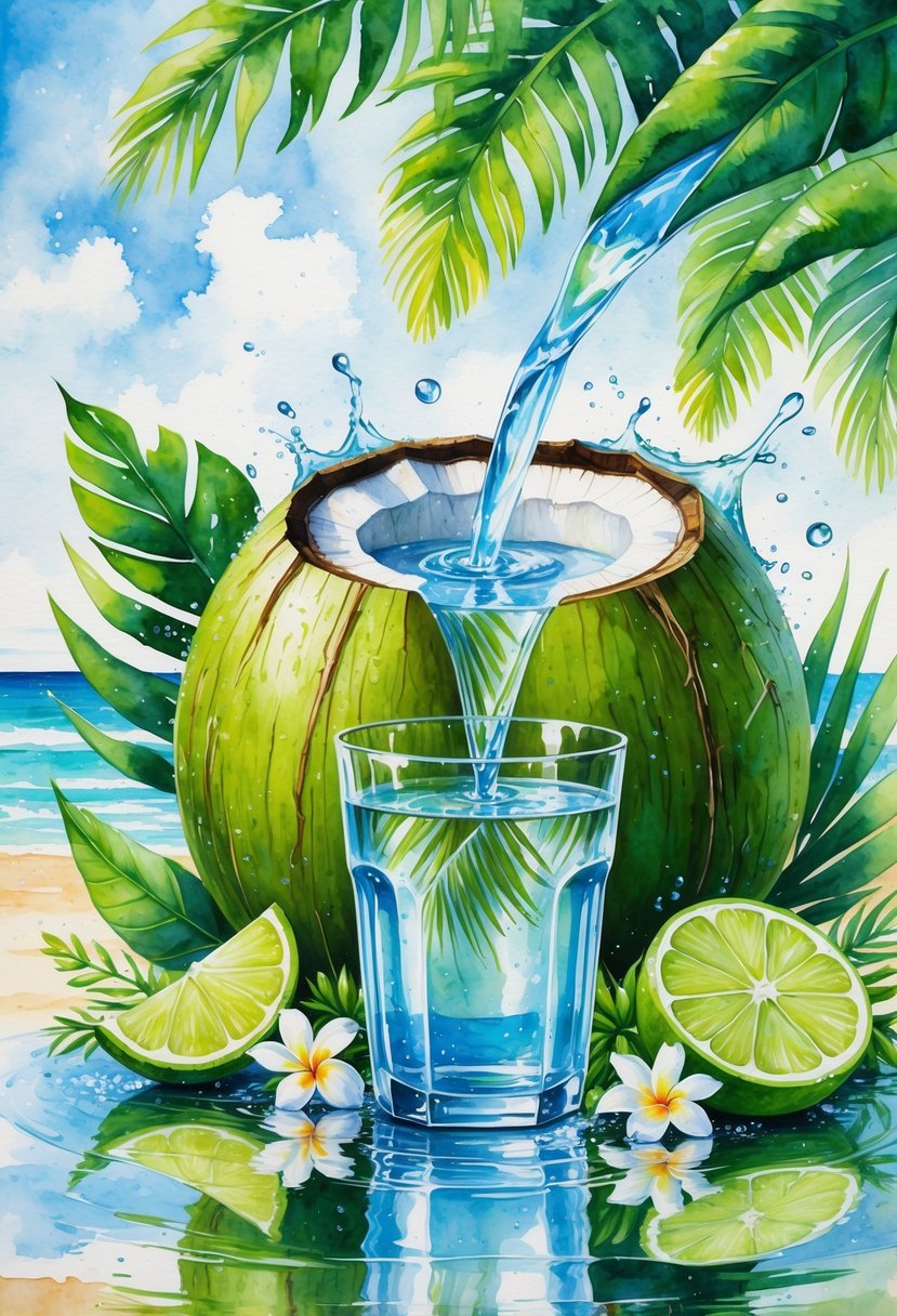 A fresh green coconut pouring clear water into a glass, surrounded by tropical leaves, lime slice, and flowers on a sunny beach background.