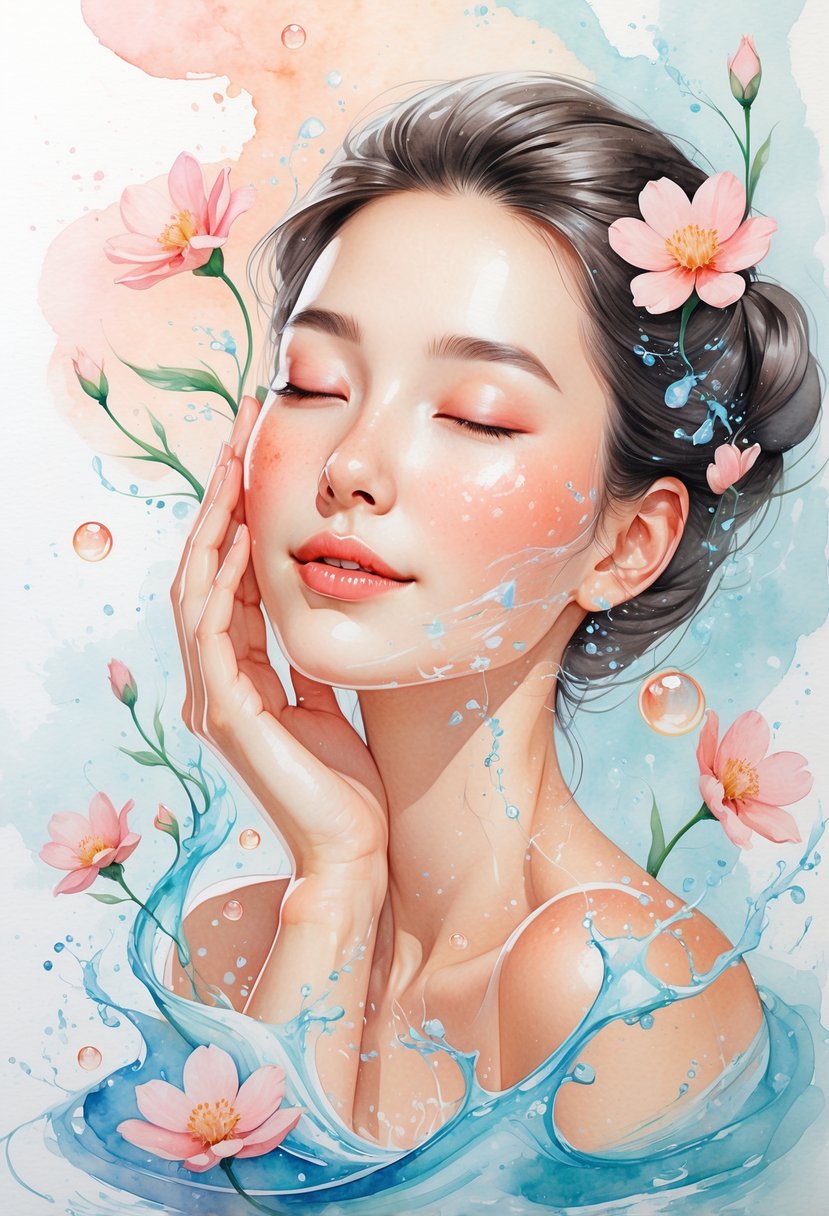 A young woman with smooth, glowing skin gently touching her face surrounded by glowing molecules and flowers.