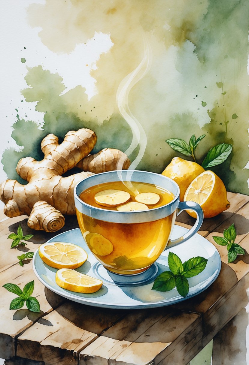 A cup of steaming ginger tea on a wooden table surrounded by fresh ginger roots, lemon wedges, and mint leaves.