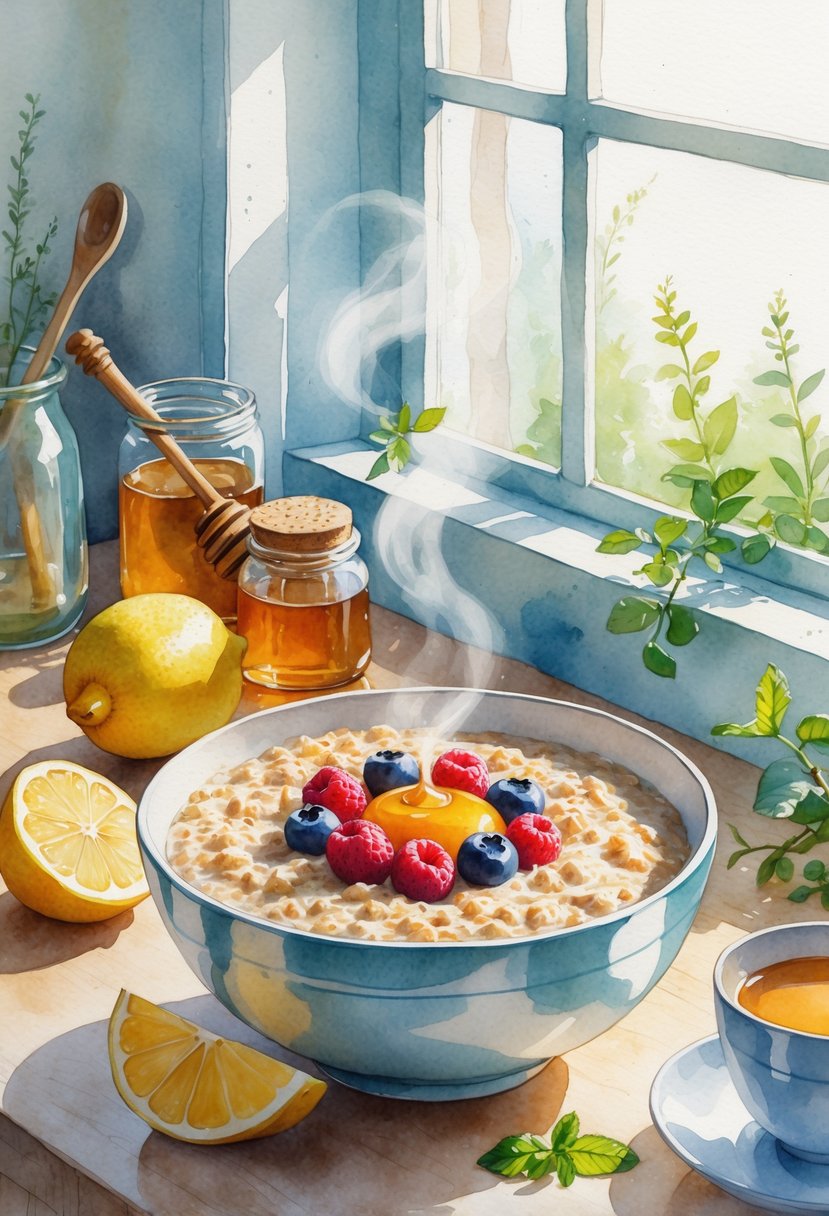 A bowl of oatmeal with berries and honey on a wooden table next to a cup of tea and lemon, in a cozy kitchen setting.