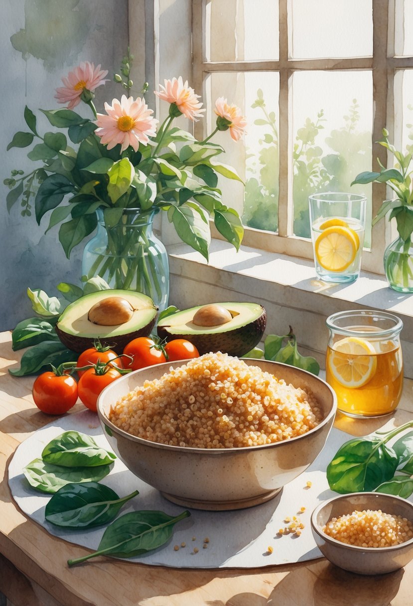 A bowl of cooked quinoa surrounded by fresh vegetables and a jar of honey on a wooden table in a cozy kitchen setting.