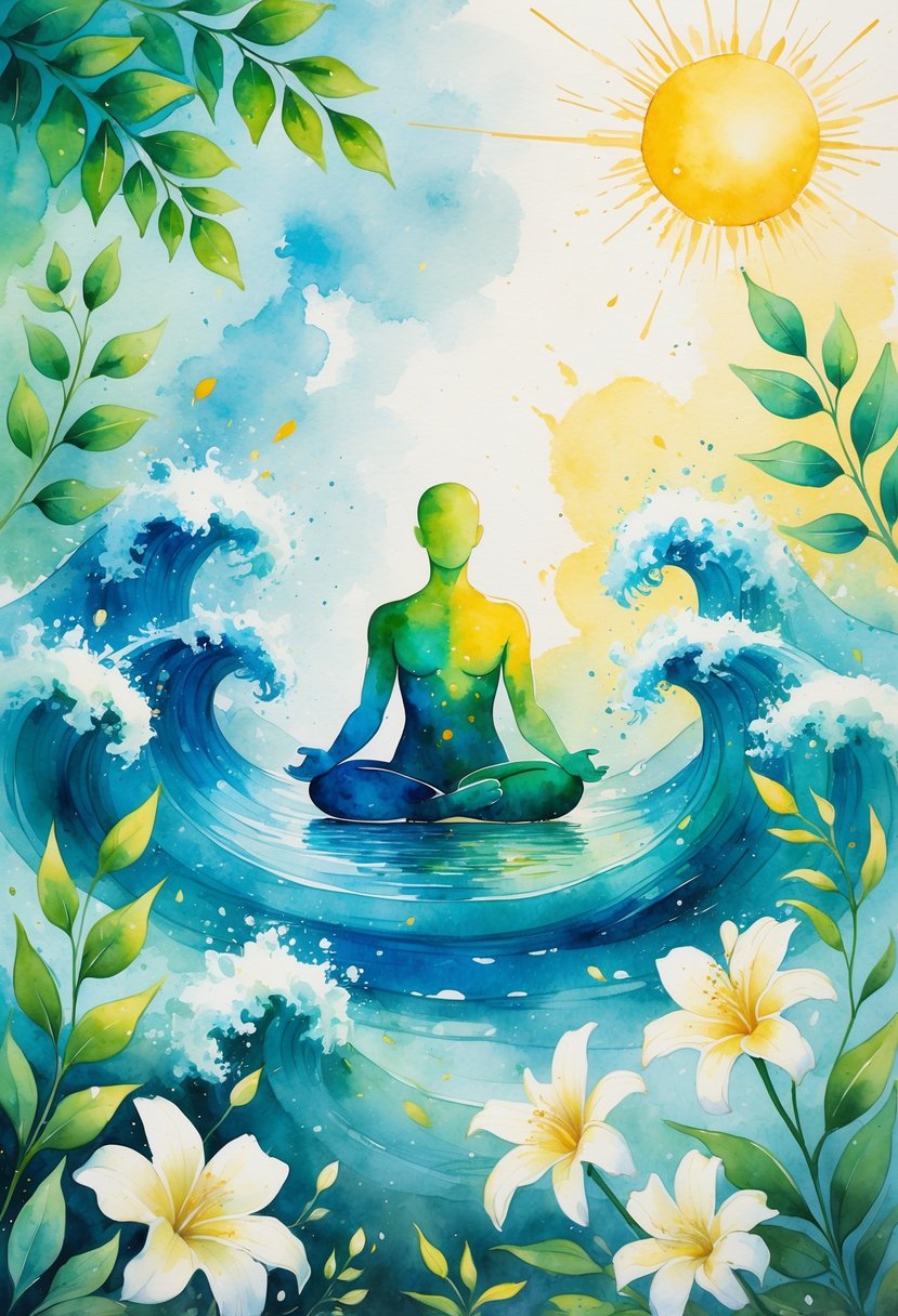 A peaceful human figure surrounded by green leaves, blue waves, yellow sun rays, and white flowers symbolizing health and vitality.