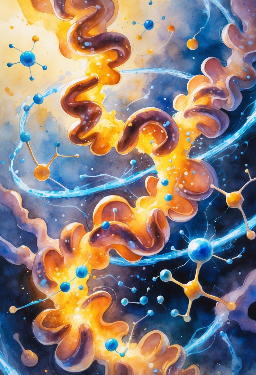 A colorful scene showing glowing mitochondria and blue magnesium ions interacting with energy molecules inside a cell.