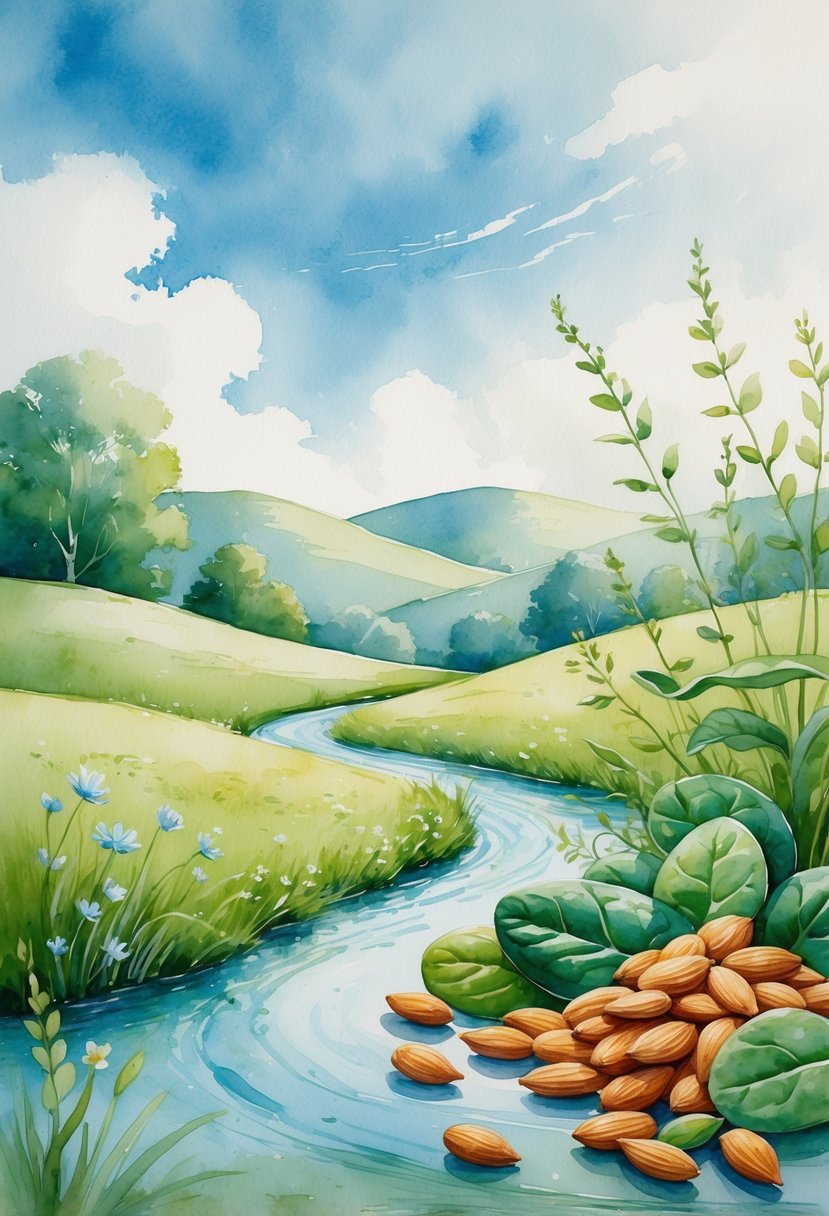 A peaceful natural landscape with a calm stream flowing through a green meadow with wildflowers and hills in the background.