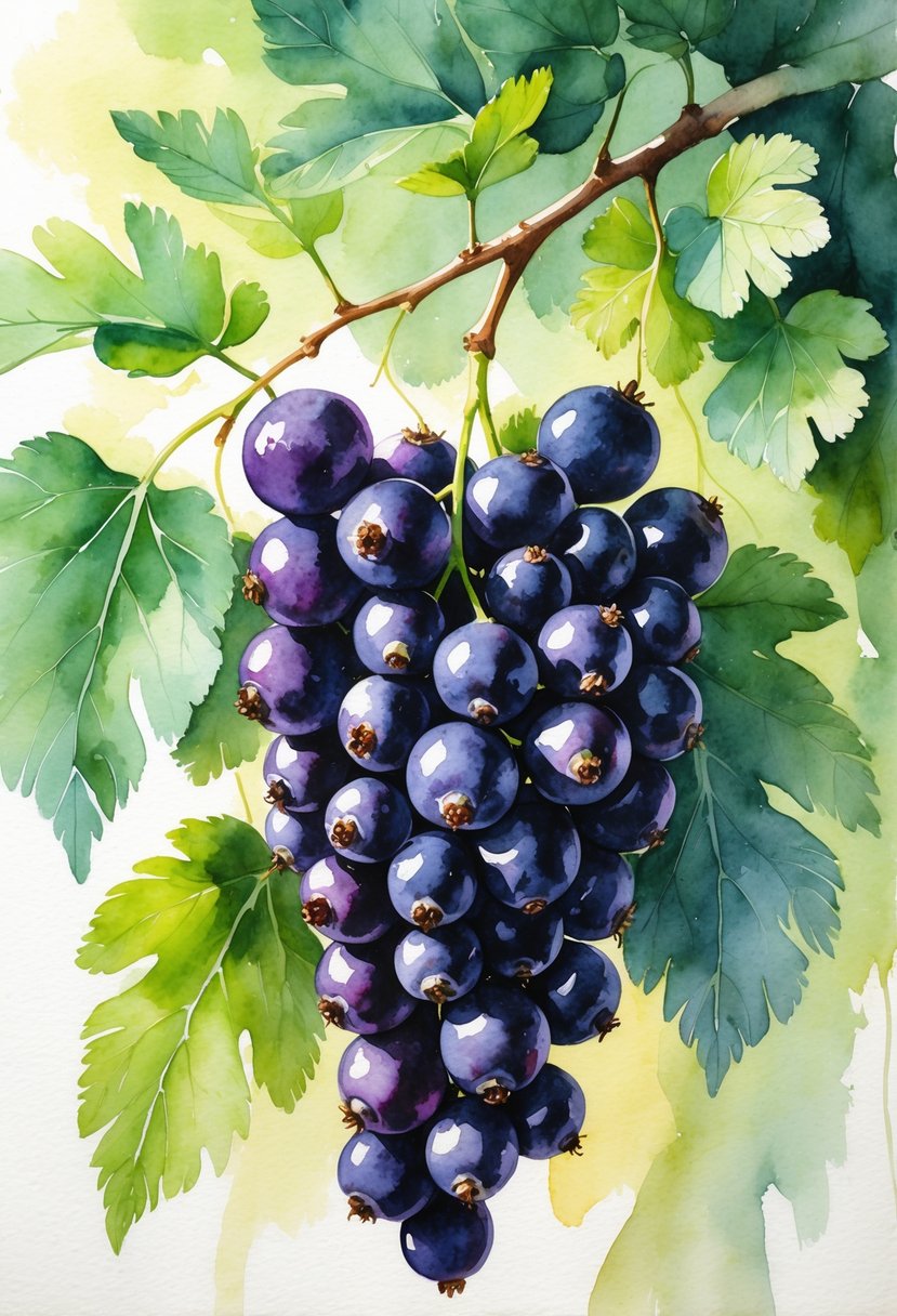 A cluster of ripe blackcurrants hanging from a leafy branch with green leaves.