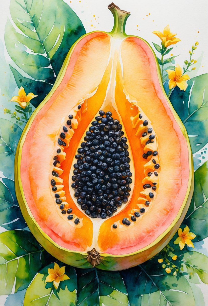 A ripe papaya cut open showing orange flesh and black seeds surrounded by green leaves and yellow flowers.