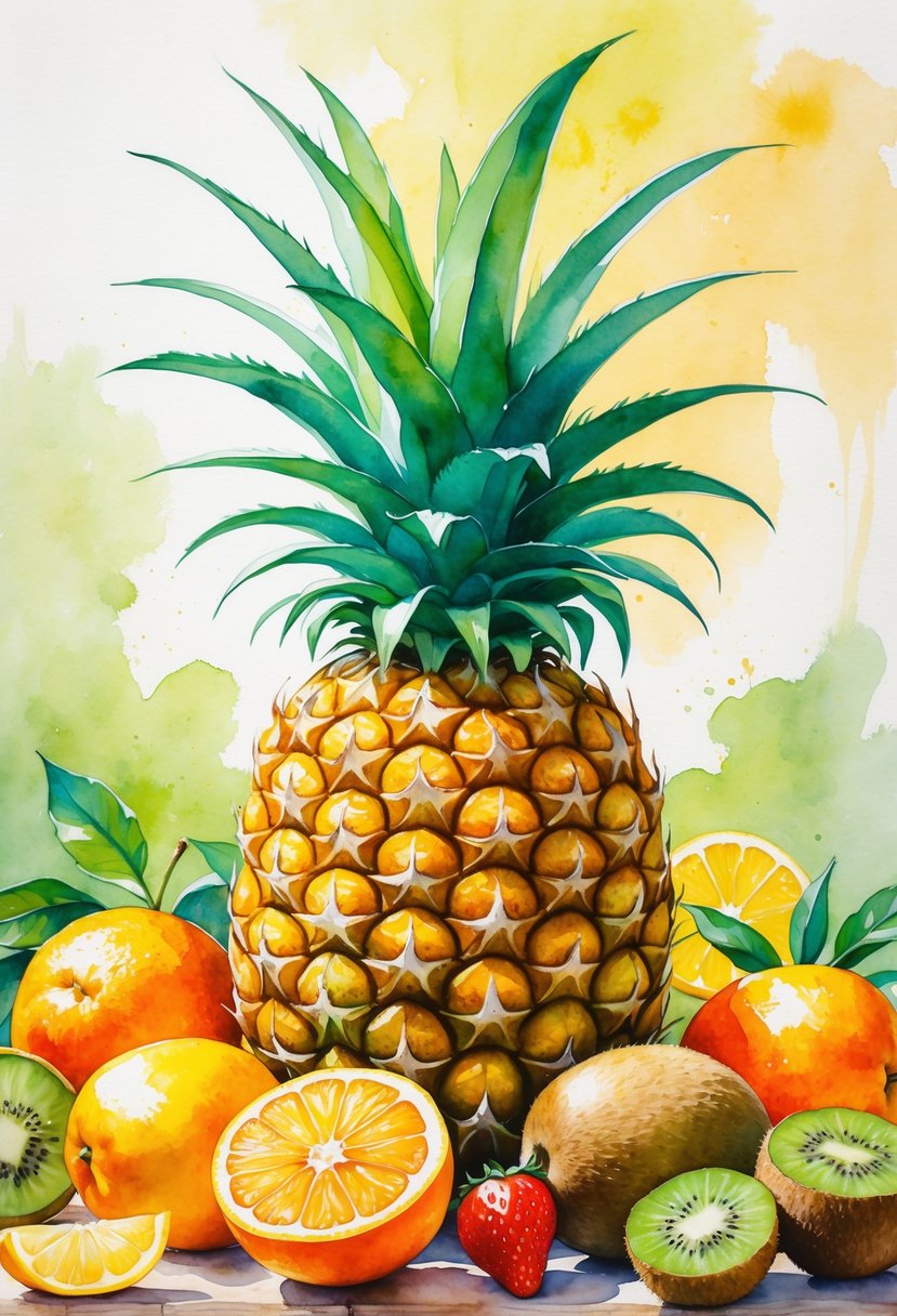 A ripe pineapple surrounded by oranges, kiwis, strawberries, and lemons on a wooden surface.