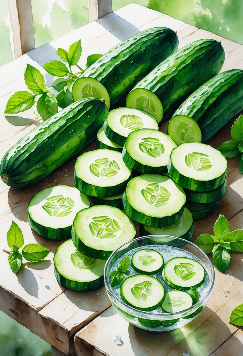 Fresh cucumbers, both whole and sliced, arranged on a wooden table with mint leaves and a bowl of water with cucumber slices.