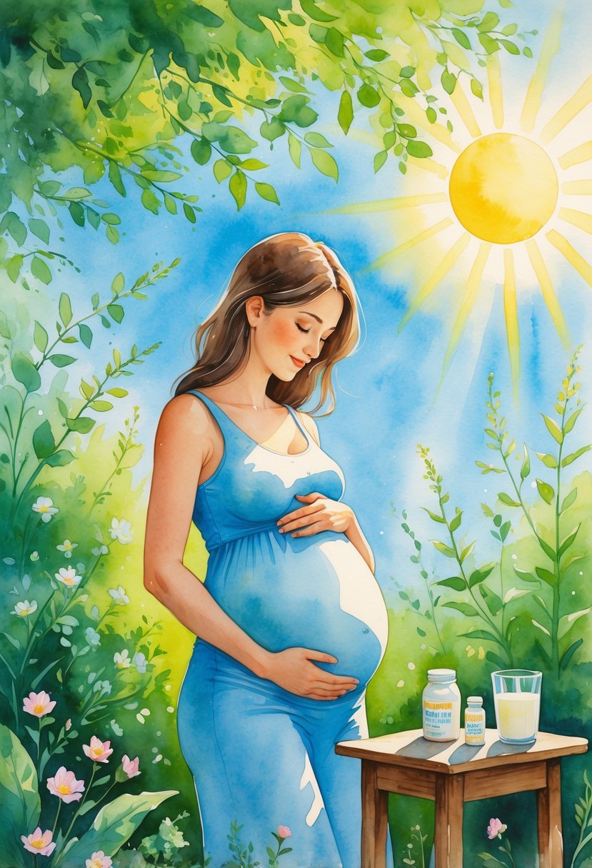 A pregnant woman standing in a garden with sunlight filtering through trees, gently holding her belly surrounded by flowers and greenery.