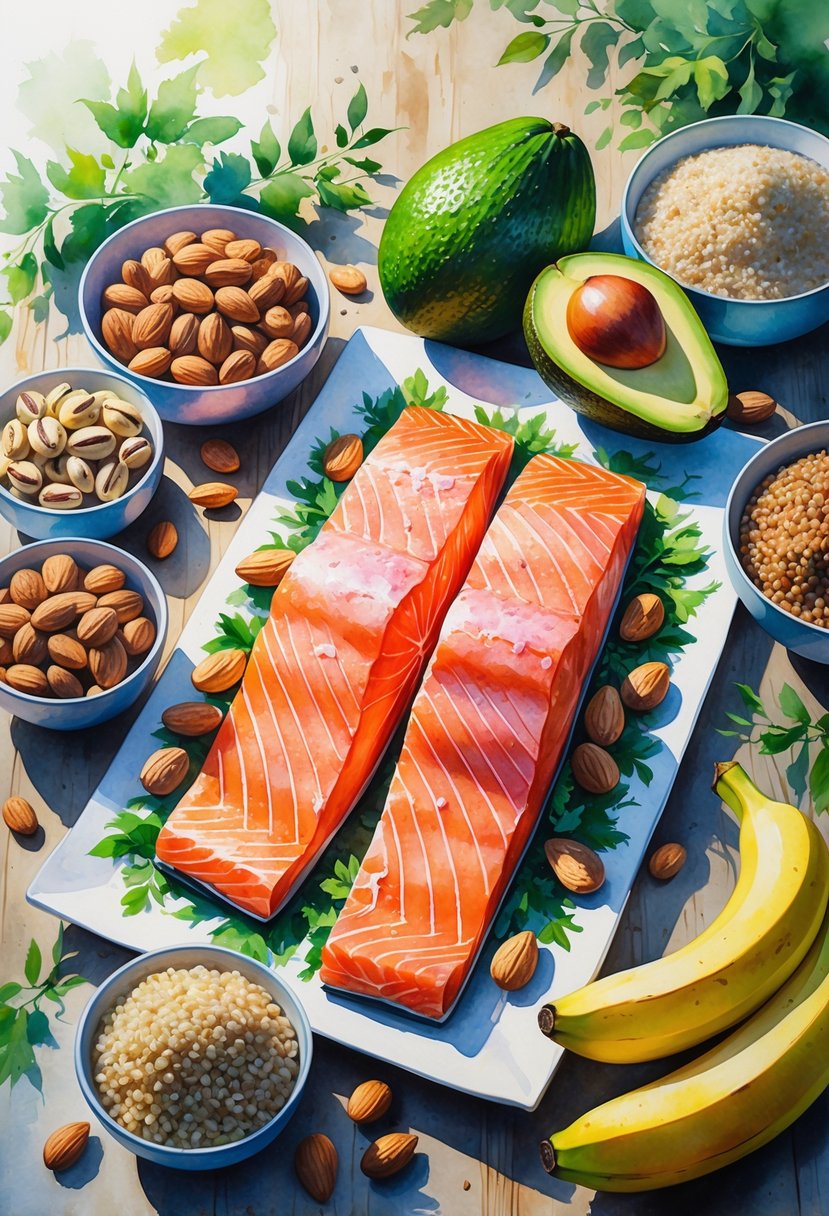 A variety of nutritious foods including fresh salmon, avocados, nuts, grains, bread, and fruits arranged on a wooden table.