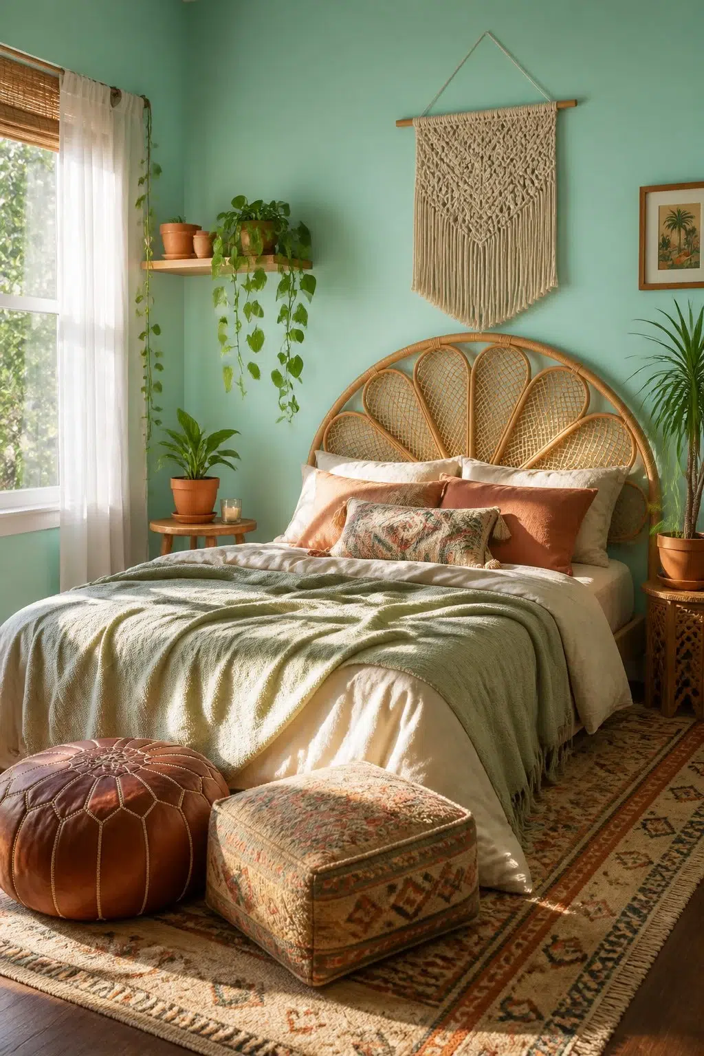 A boho bedroom painted in Aqueduct