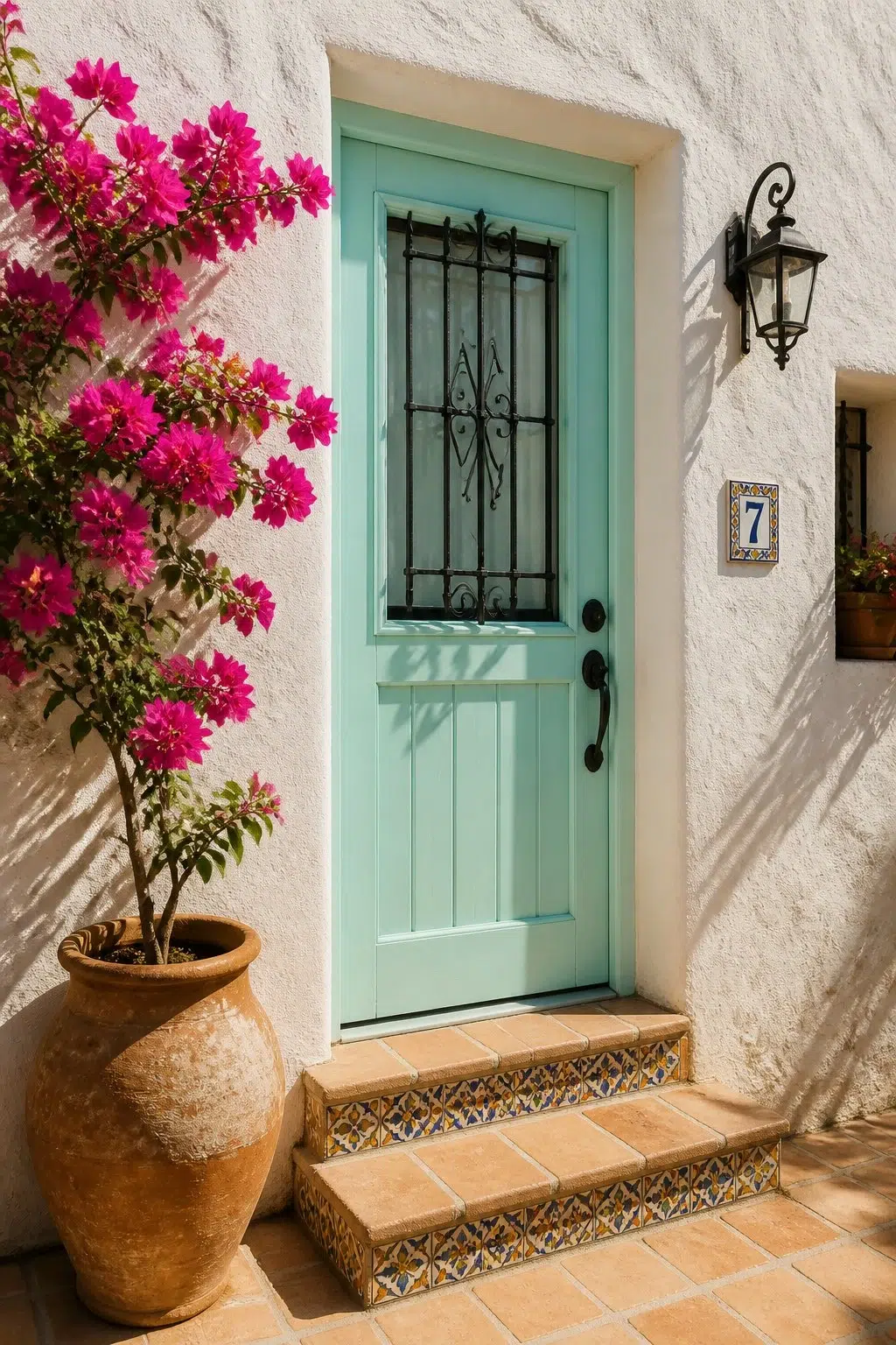 mediterranean front door featuring Aqueduct by Sherwin-Williams