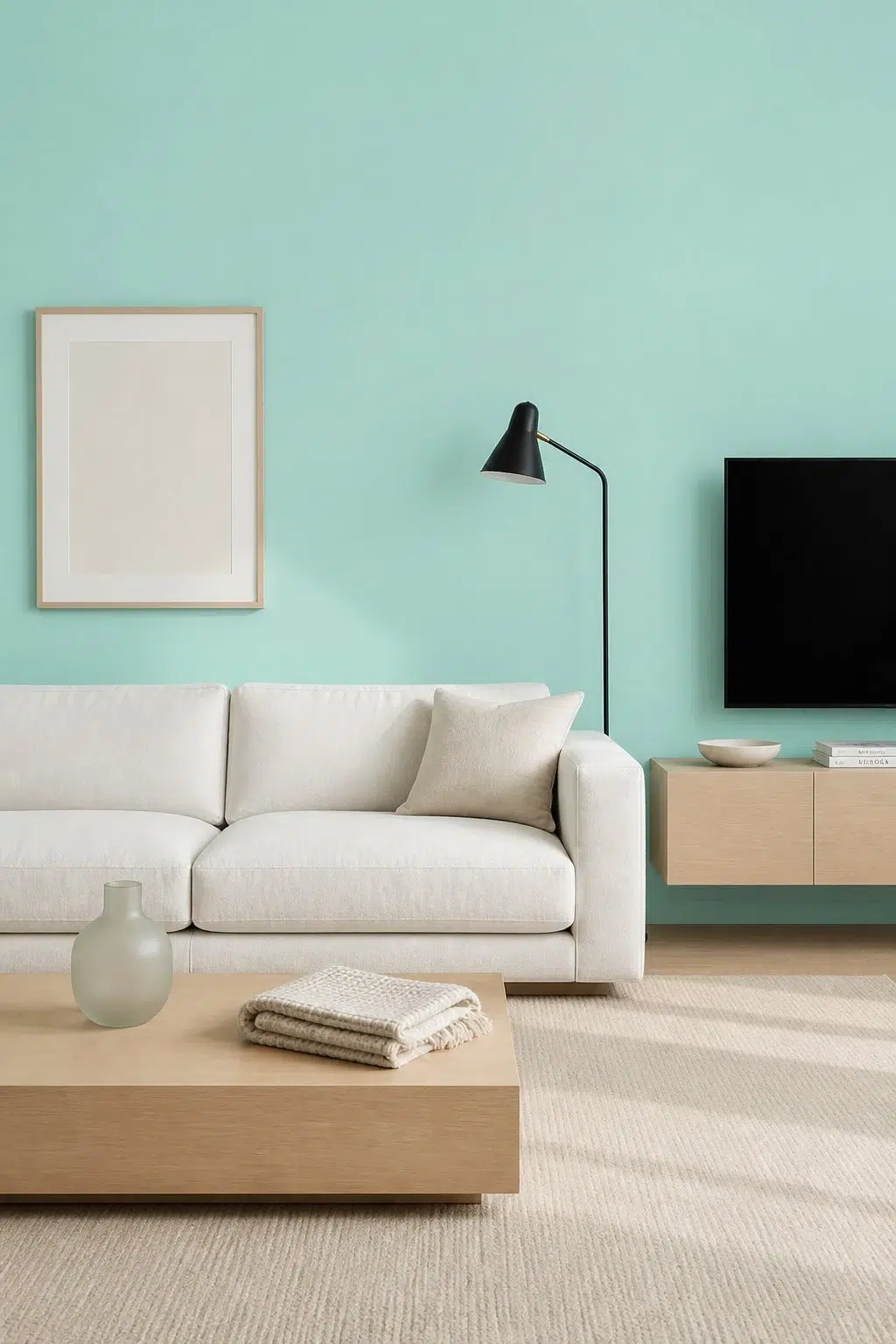 A minimalist living room painted in Aqueduct