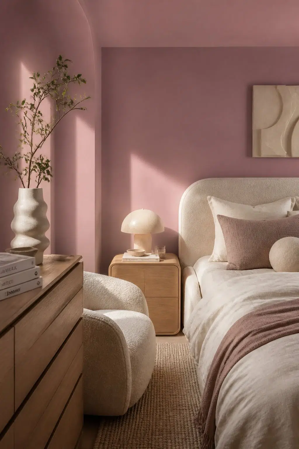 A organic modern bedroom painted in Audrey's Blush