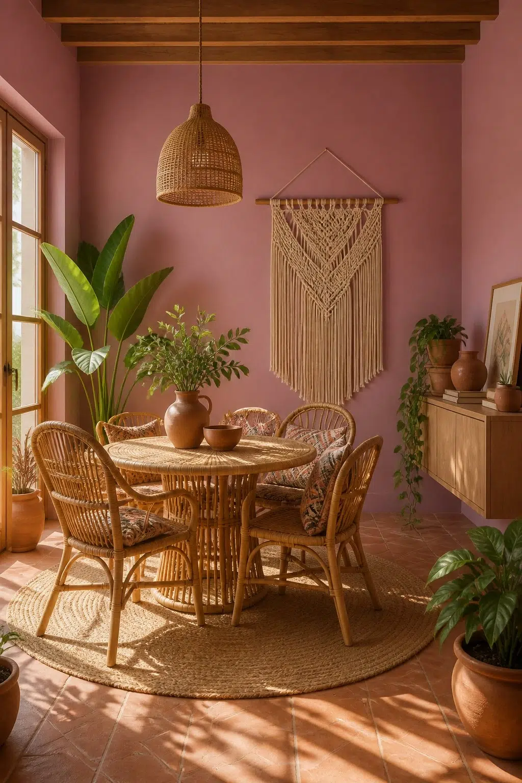 Audrey's Blush paint in a boho dining room